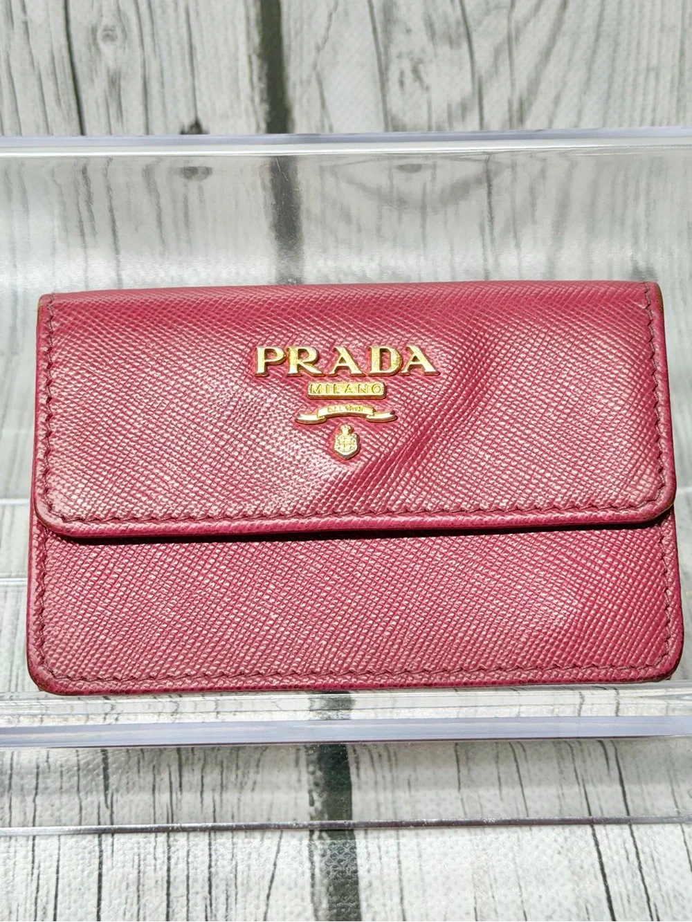 PRE LOVED Prada Card Wallet Pink Saffiano Leather